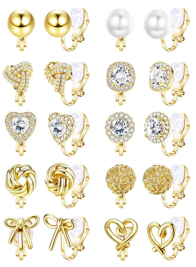 Florideco مجموعة أقراط فلوريديكو النسائية المكونة من 10 قطع، مطلية بالذهب عيار 14 قيراط، مرصعة بالزركونيا المكعبة، بتصميم عقدة ملتوية وقلب من اللؤلؤ الصناعي، مناسبة للنساء. - Image 1